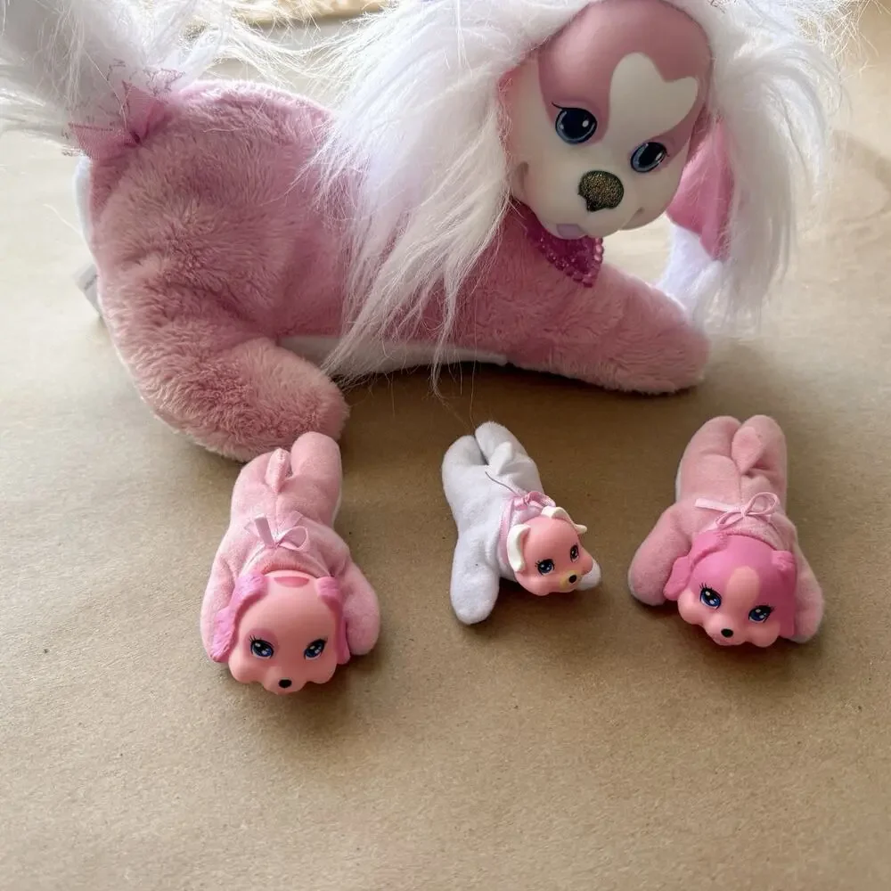 Puppy Surprise Plush Pink Dog with 3 Puppies 1 Runt of Litter Heart Collar